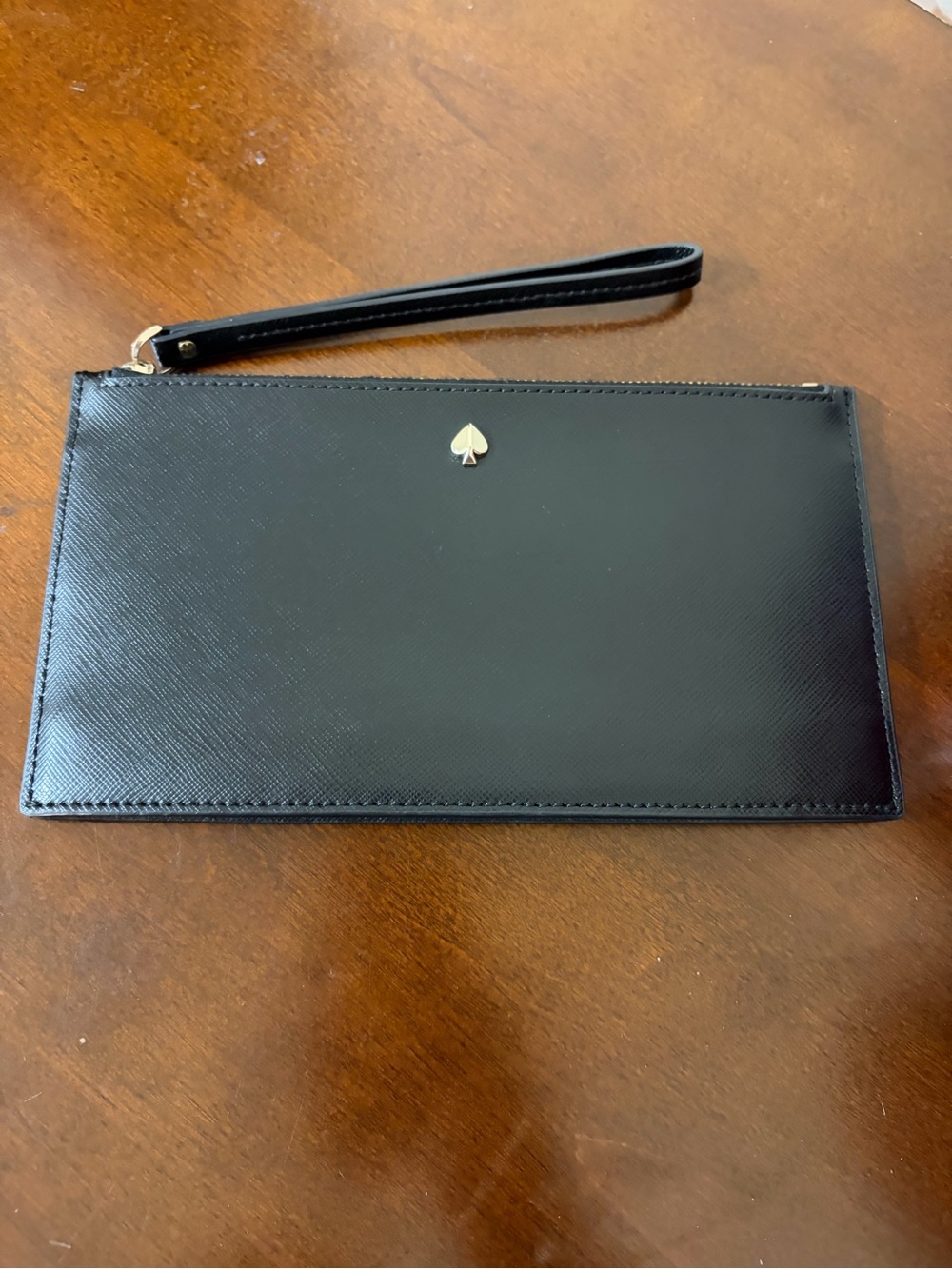 kate spade black leather wristlet with gold spade emblem